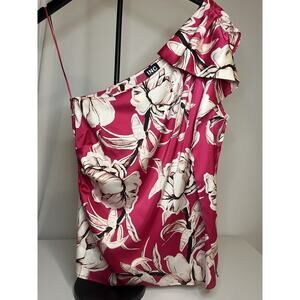 Inc Women's One Shoulder Hot Pink Floral Printed Blouse With Ruffle Sleeve Sz L